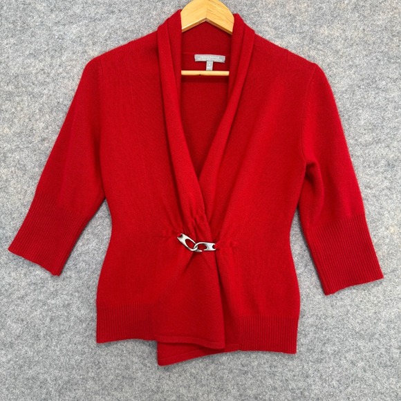 Neiman Marcus 100% Cashmere Clasp Shawl Cardigan Sweater Small 3/4 Ribbed Soft - Picture 1 of 15